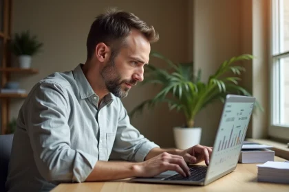 Homme consultant son espace client EDF ENR Solaire sur un ordinateur portable à la maison