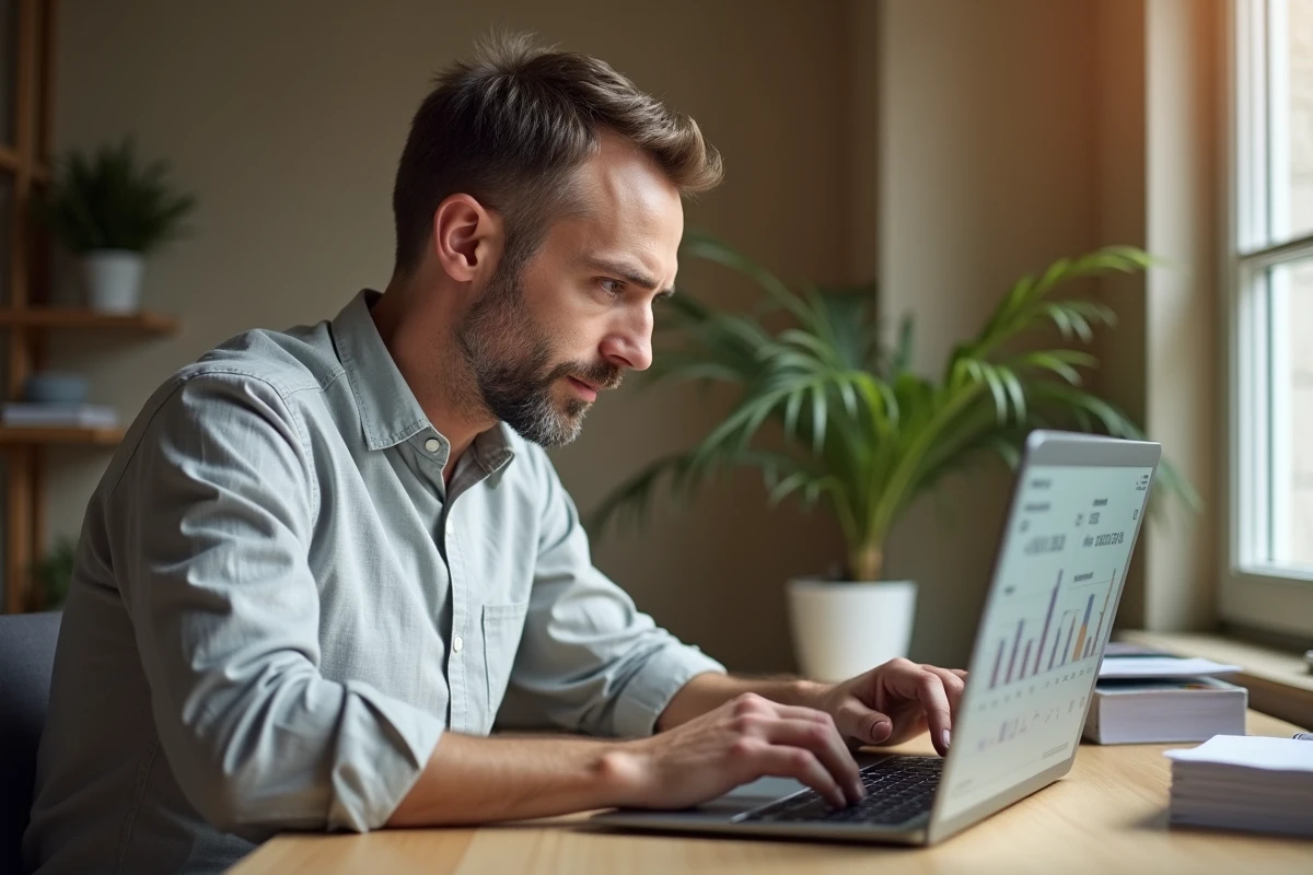 Homme consultant son espace client EDF ENR Solaire sur un ordinateur portable à la maison