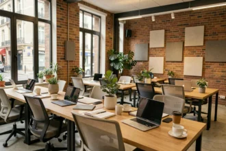 Espace de coworking moderne à Narbonne avec bureaux en bois, plantes vertes et murs en briques apparentes