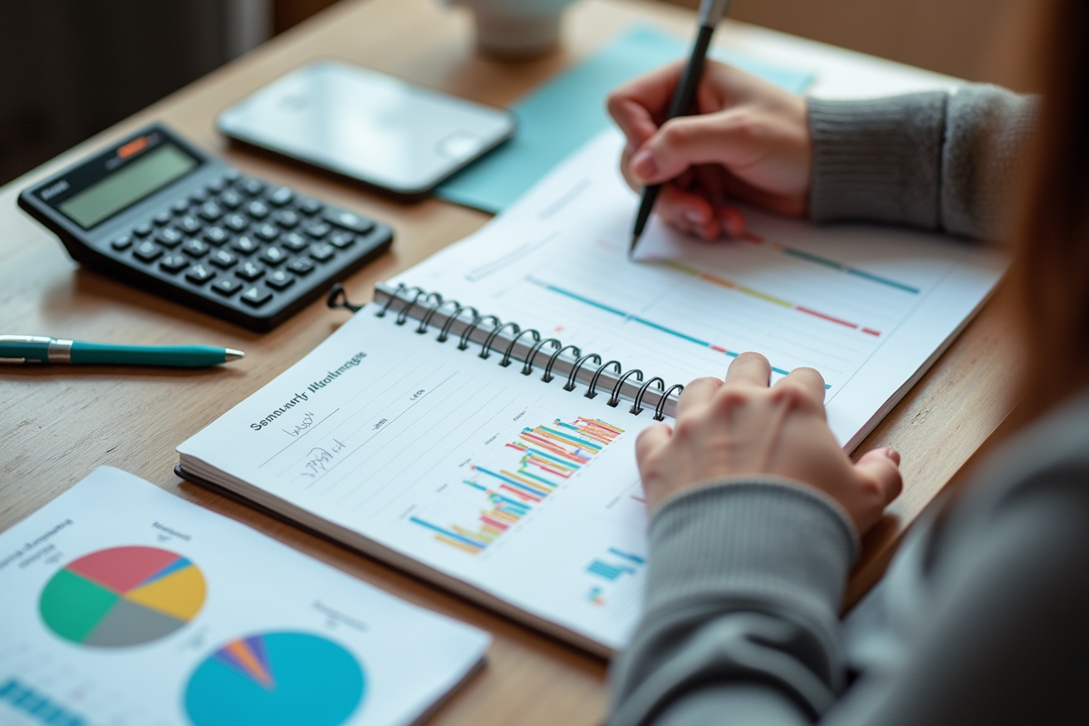 Espace de travail créatif avec graphiques et carnet ouvert