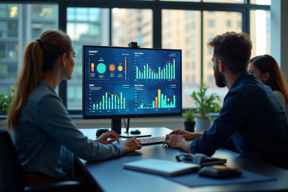 Espace de travail moderne avec équipe analysant des tableaux CRM