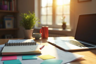 Espace de travail créatif avec ordinateur et fournitures