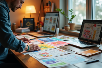 Espace de travail créatif avec un designer arrangeant des flyers colorés