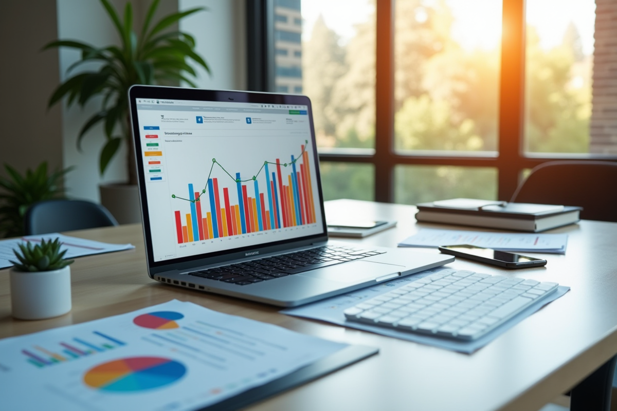 Espace de travail moderne avec graphiques marketing colorés