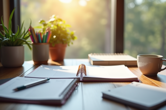 Espace de travail organisé avec planners et plantes