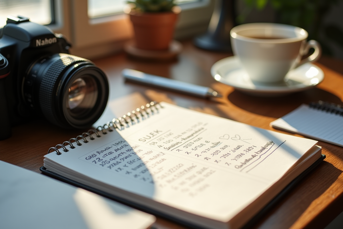 Espace de travail avec appareil photo et carnet pour préparer la facturation photo