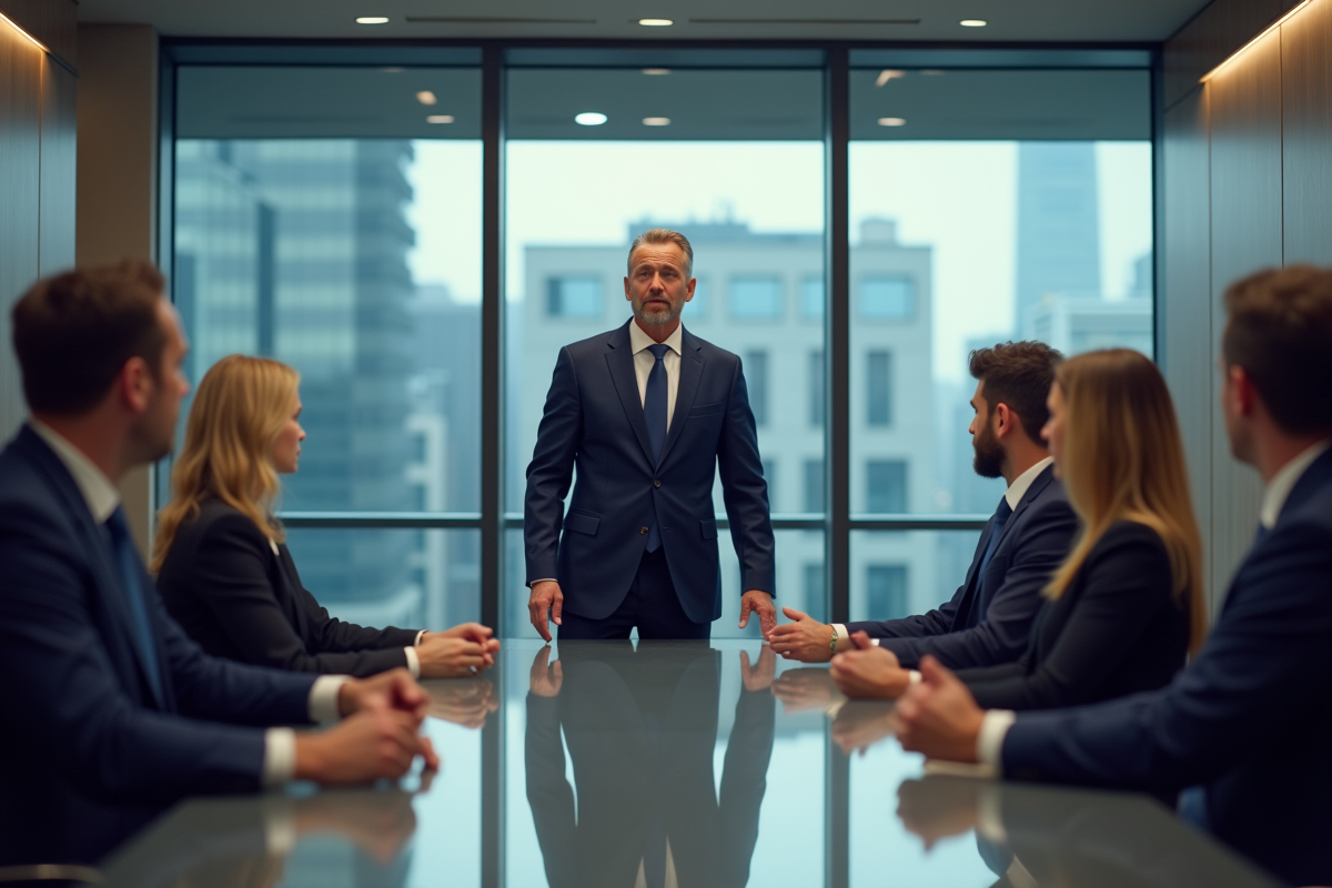 Homme d'affaires en costume navy lors d'une réunion
