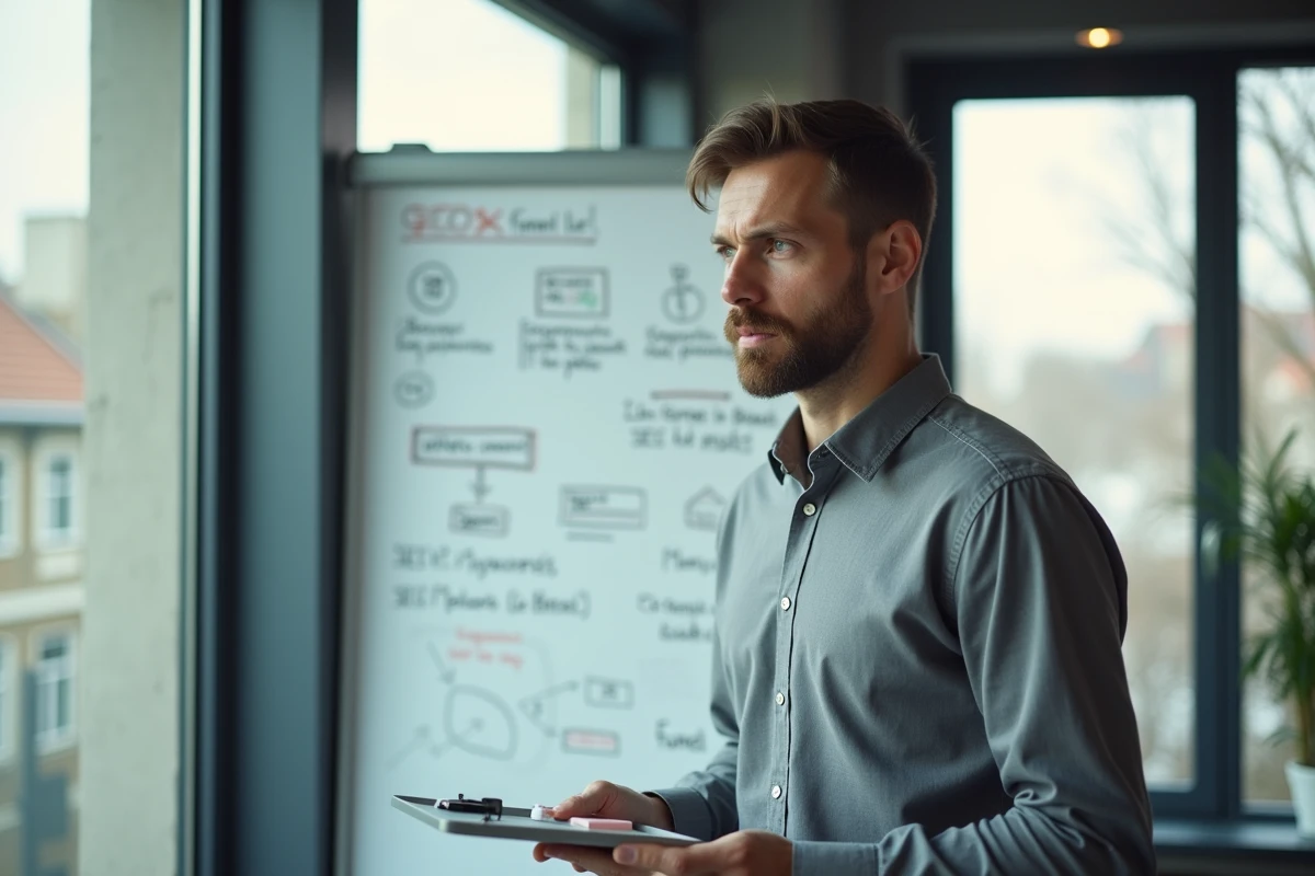 Expert SEO présentant une stratégie de référencement sur tableau blanc dans un espace de coworking à Rennes