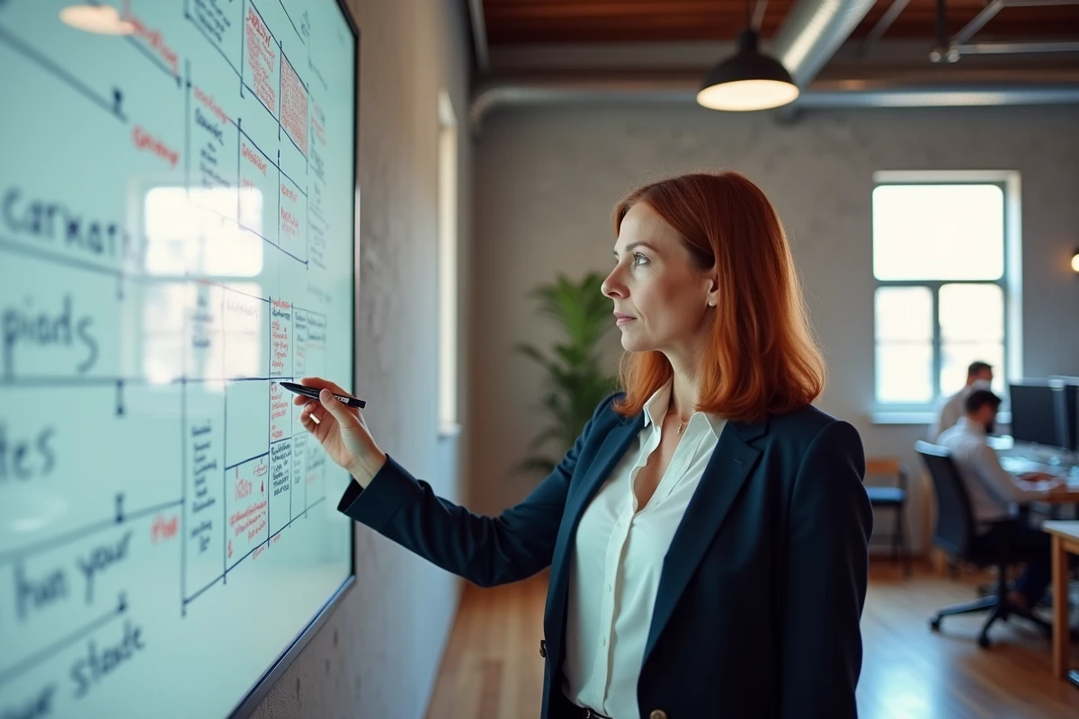 Experte en référencement naturel présentant une stratégie SEO locale pour une entreprise alsacienne sur un tableau blanc