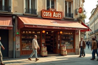 Façade d'un ancien magasin français des années 1970 avec enseigne Cora Ales