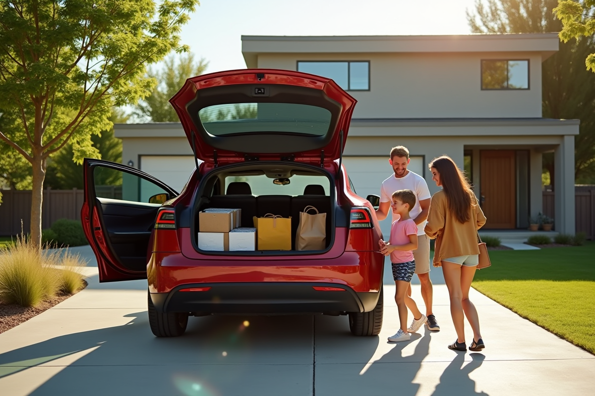 Famille chargeant des courses dans une Tesla Model Y dans la cour