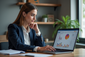 Femme d'affaires analysant des graphiques sur son ordinateur