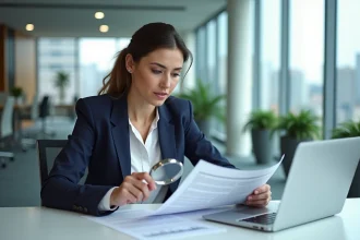 Femme d'affaires professionnelle examinant un document d'enregistrement d'entreprise avec un code DUNS dans un bureau moderne