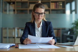 Femme d'affaires en costume lisant des documents juridiques