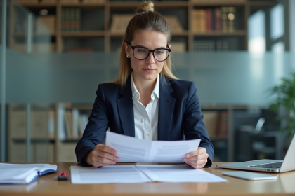 Femme d'affaires en costume lisant des documents juridiques
