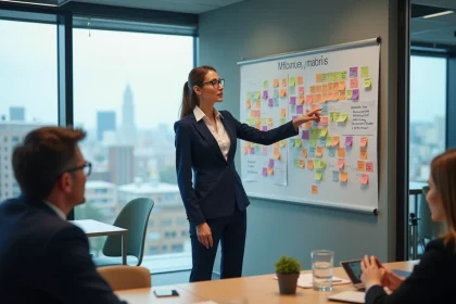 Femme d'affaires pointant une matrice McKinsey en r&eacute;union