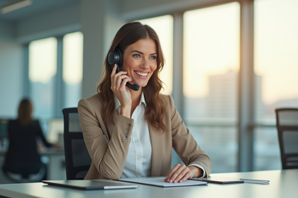 Femme d'affaires souriante au bureau lumineux