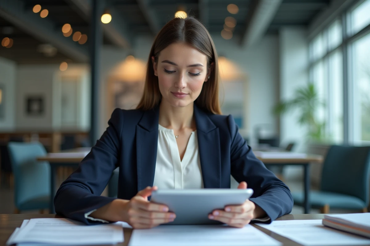 Femme d'affaires en réunion avec tablette et contrats