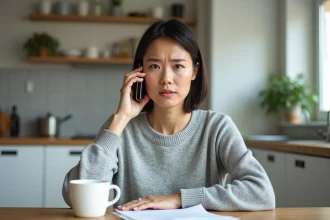 Femme en train d'appeler le service client Orange pour résilier son abonnement depuis sa cuisine