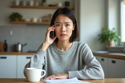 Femme en train d'appeler le service client Orange pour résilier son abonnement depuis sa cuisine