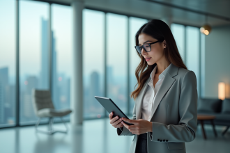 Jeune femme en blazer argenté utilisant une tablette dans un bureau moderne