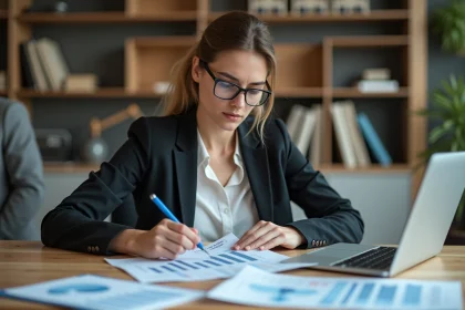 Femme en bureau analysant des graphiques de salaire