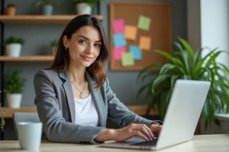 Femme confiante travaillant sur son ordinateur dans un bureau moderne