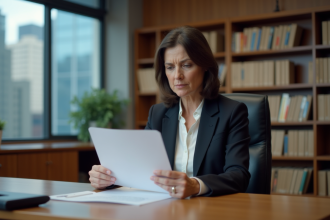 Femme d age moyen au bureau examine un document officiel