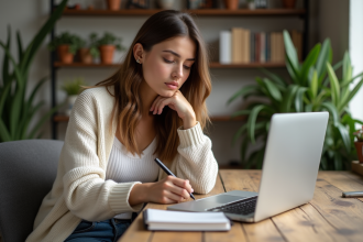 Jeune femme au bureau à la maison en train de prendre des notes