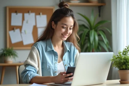 Jeune femme au bureau utilisant un smartphone et un ordinateur