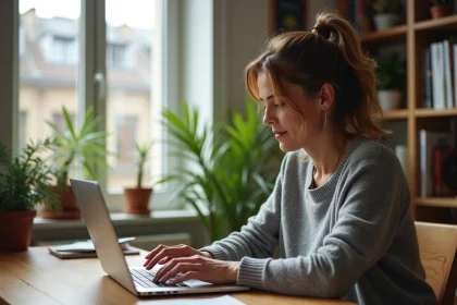Femme concentrée travaillant sur son ordinateur dans un bureau parisien