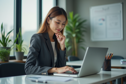 Femme en blazer dans un bureau moderne et lumineux