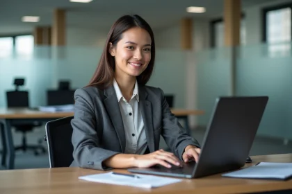 Femme daffaires souriante au bureau avec ordinateur