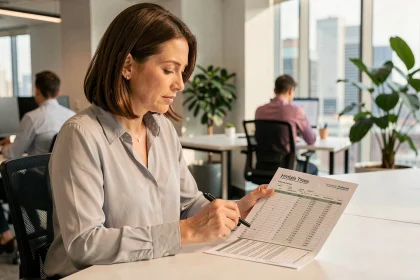 Femme professionnelle consultant un tableau de suivi des heures de travail sur Excel dans un bureau moderne