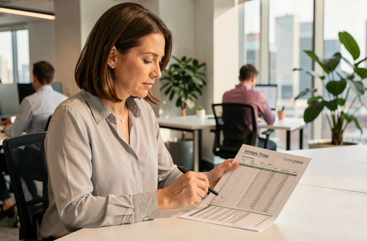 Femme professionnelle consultant un tableau de suivi des heures de travail sur Excel dans un bureau moderne