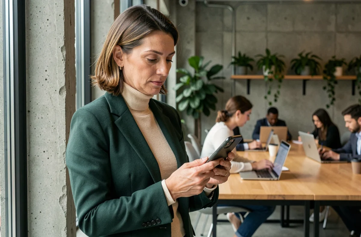 Femme cadre consultant un mail de relance professionnel sur son téléphone dans un espace de coworking