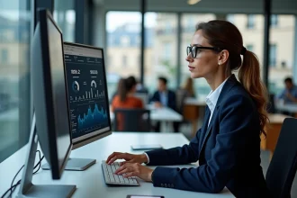 Femme cadre analysant des tableaux de bord financiers sur deux écrans dans un bureau moderne à Paris