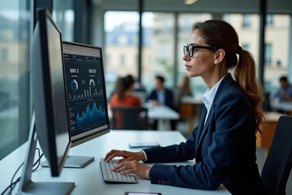 Femme cadre analysant des tableaux de bord financiers sur deux écrans dans un bureau moderne à Paris