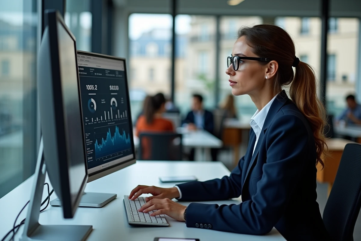 Femme cadre analysant des tableaux de bord financiers sur deux écrans dans un bureau moderne à Paris