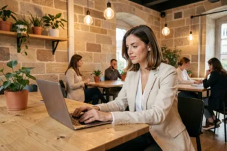 Femme travaillant dans un espace de coworking moderne à Bordeaux avec murs en pierre apparente