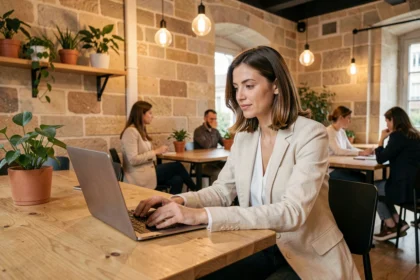 Femme travaillant dans un espace de coworking moderne à Bordeaux avec murs en pierre apparente