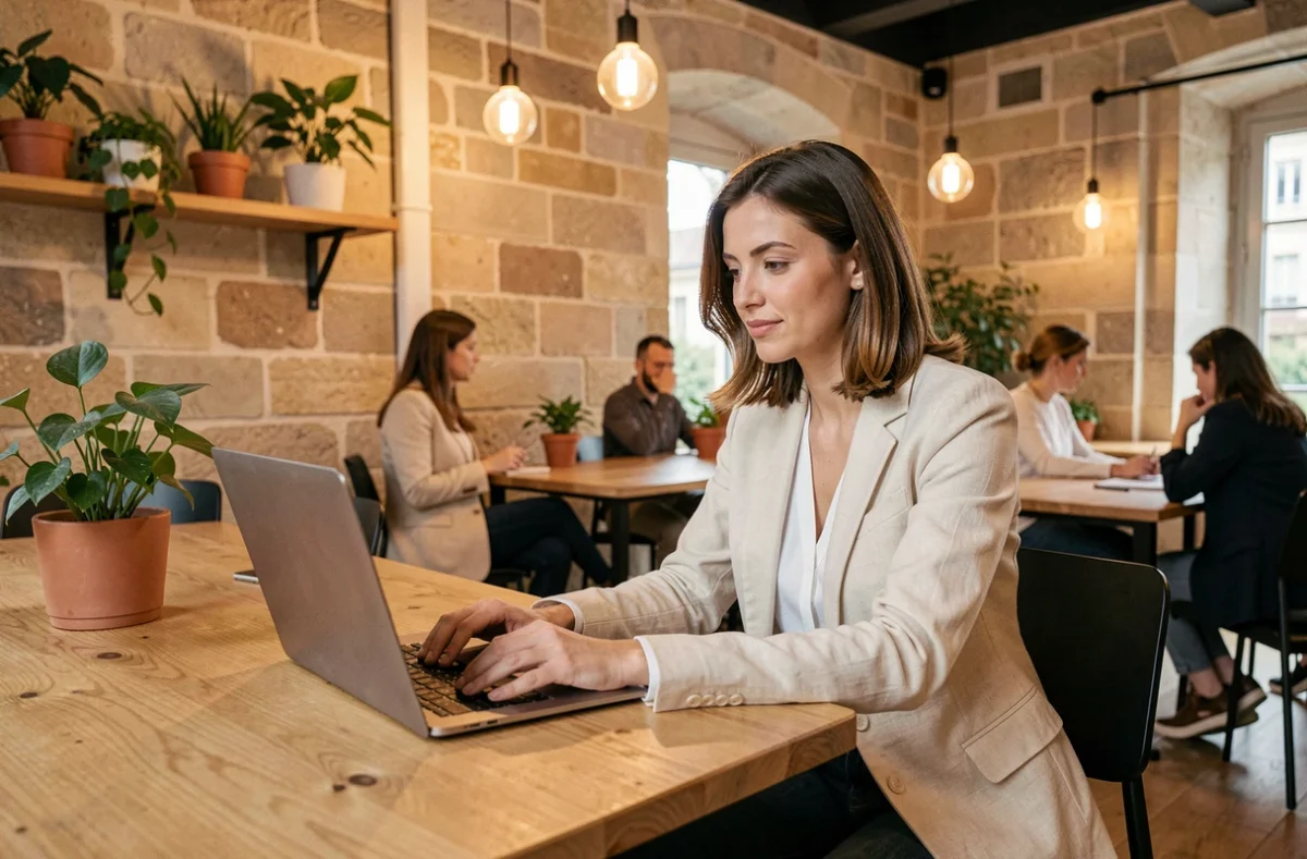 Femme travaillant dans un espace de coworking moderne à Bordeaux avec murs en pierre apparente