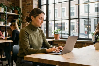 Femme travaillant sur son ordinateur portable dans un espace de coworking moderne à Lille avec murs en briques apparentes