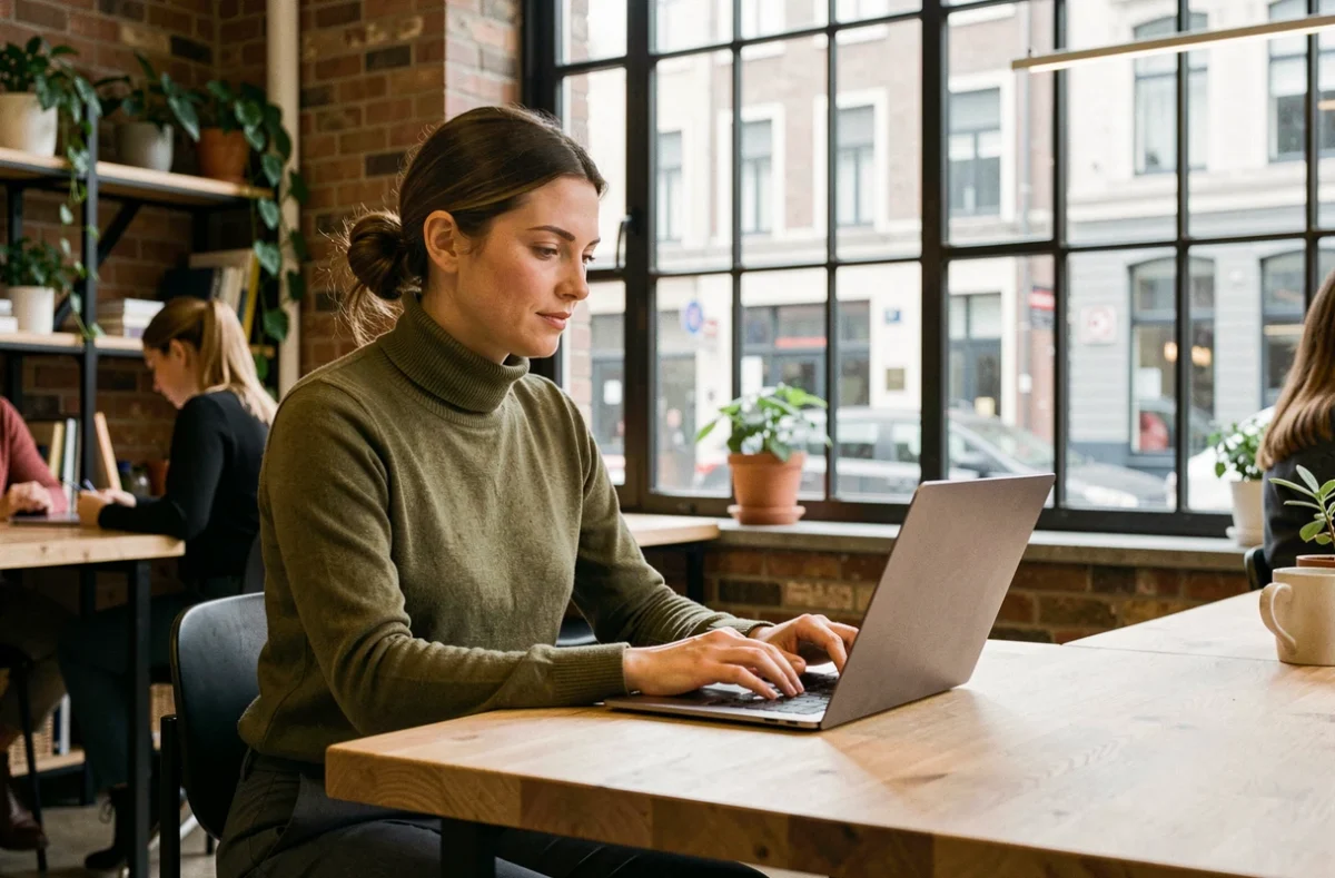 Femme travaillant sur son ordinateur portable dans un espace de coworking moderne à Lille avec murs en briques apparentes
