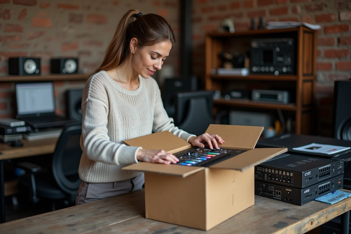 Femme d&eacute;ballant un nouvel appareil audio dans un studio maison