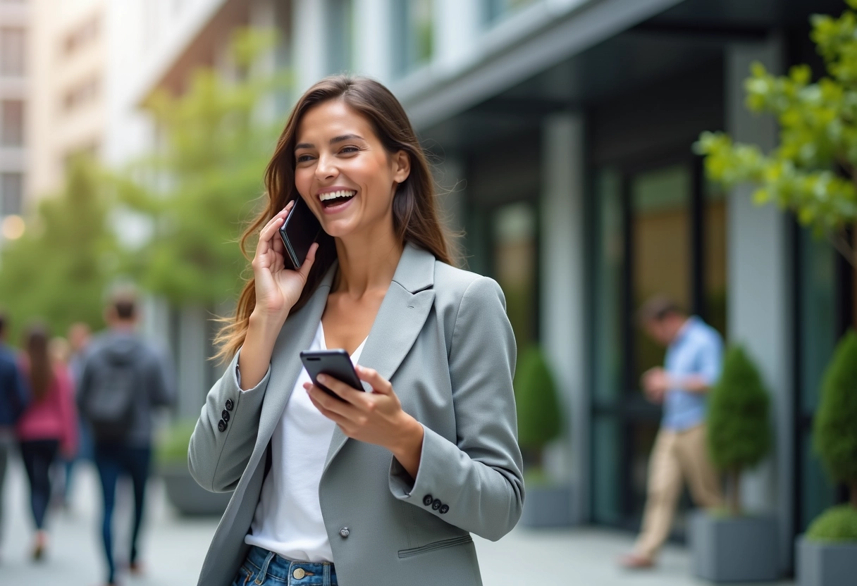 Femme en blazer gris discutant en extérieur dans un environnement startup