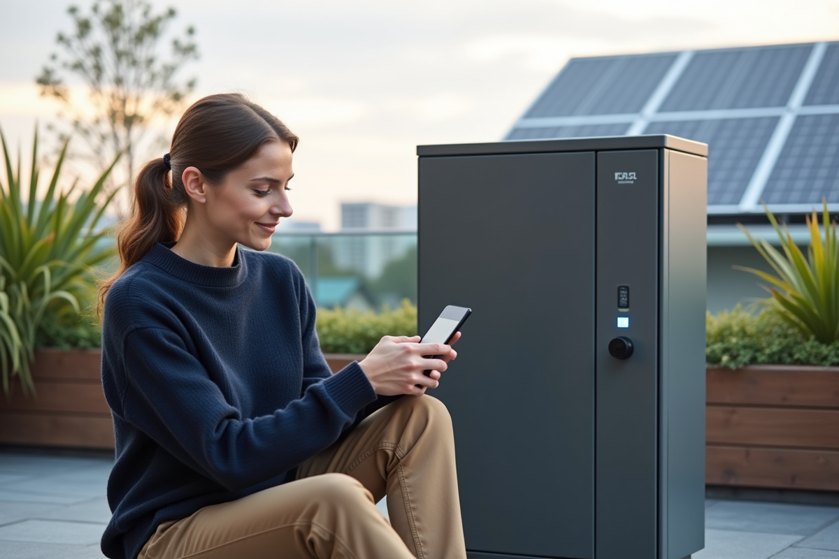 Jeune femme sur un toit avec stockage denergie moderne