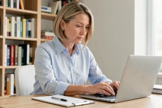 Femme remplissant un formulaire administratif en ligne sur un ordinateur portable dans un bureau à domicile
