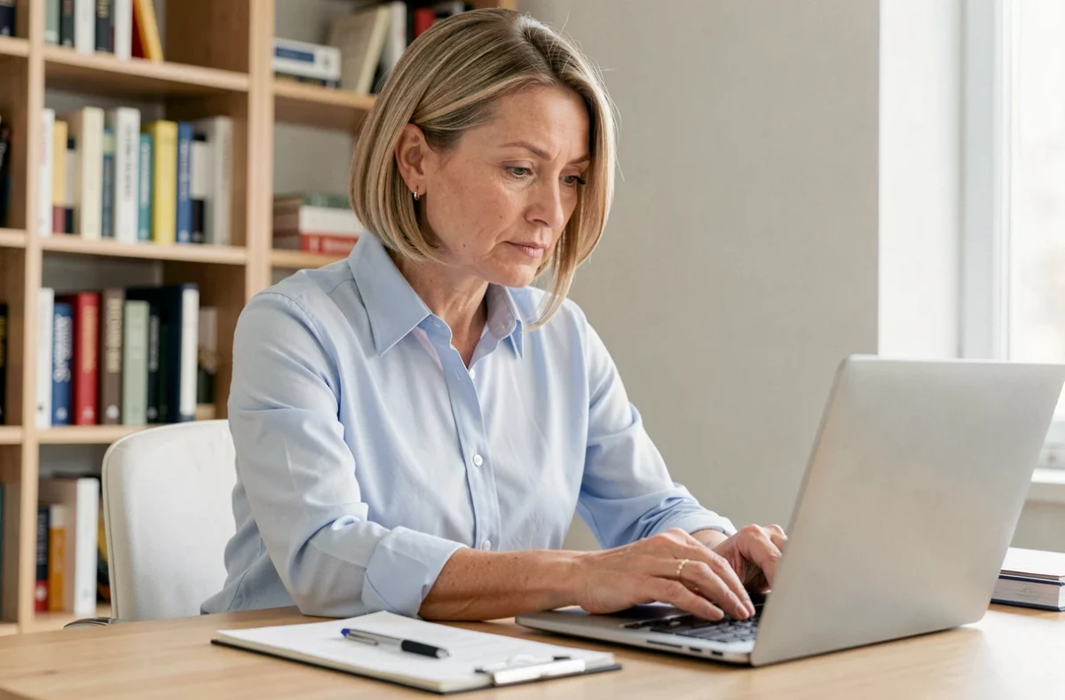 Femme remplissant un formulaire administratif en ligne sur un ordinateur portable dans un bureau à domicile
