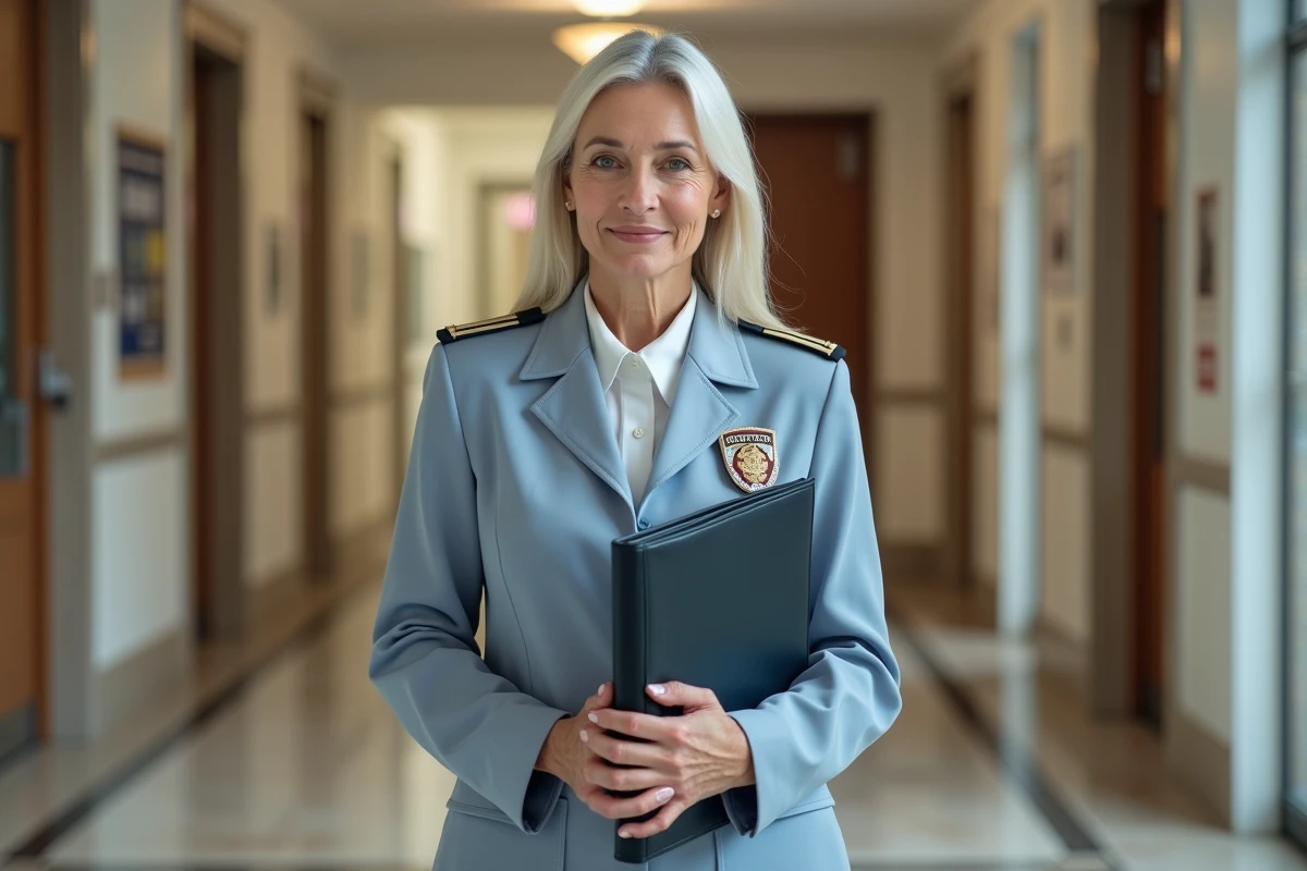 Femme en uniforme avec certificat dans un hall municipal lumineux
